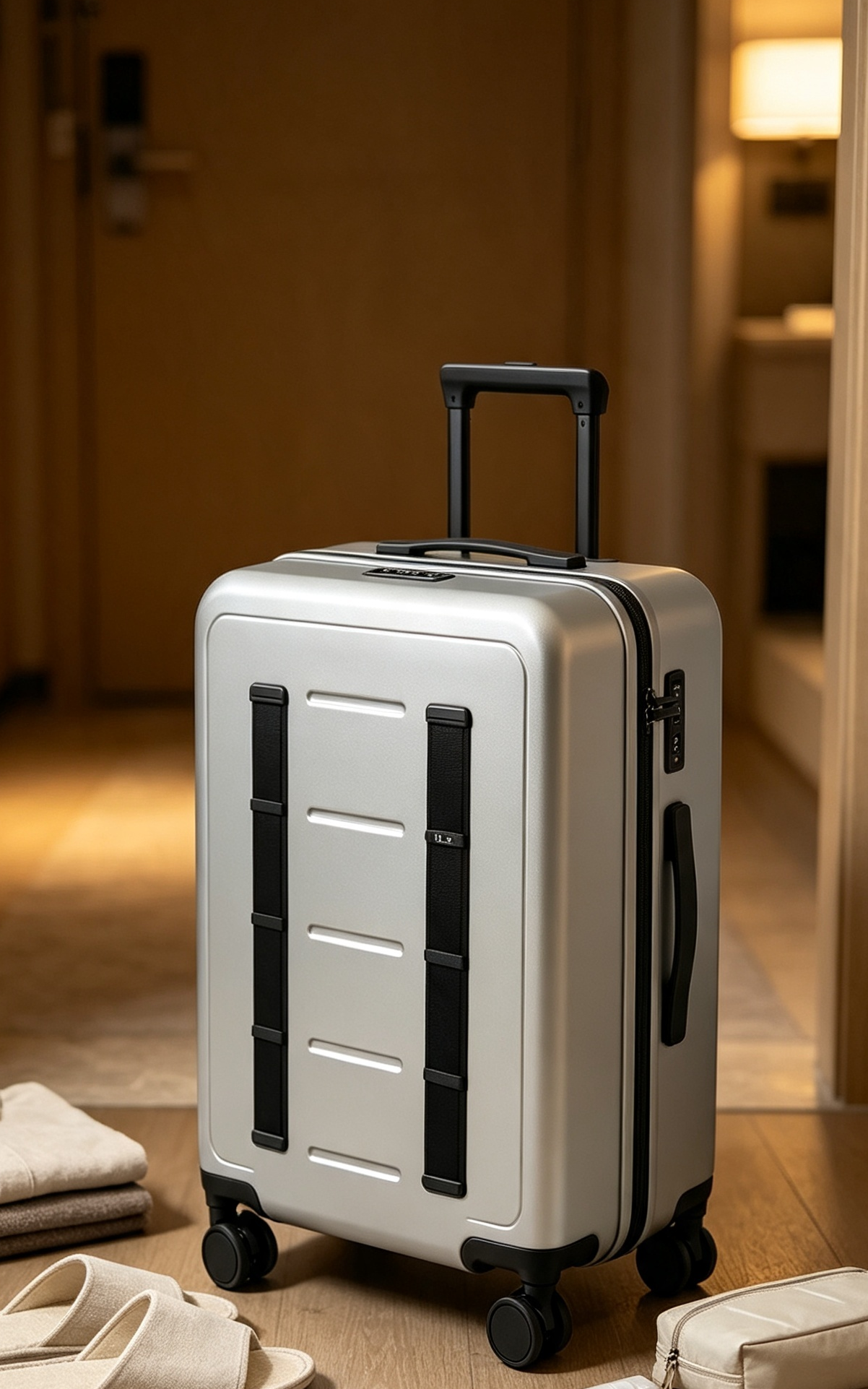 Silver hard‑shell luggage case with webbing straps for airport travel
